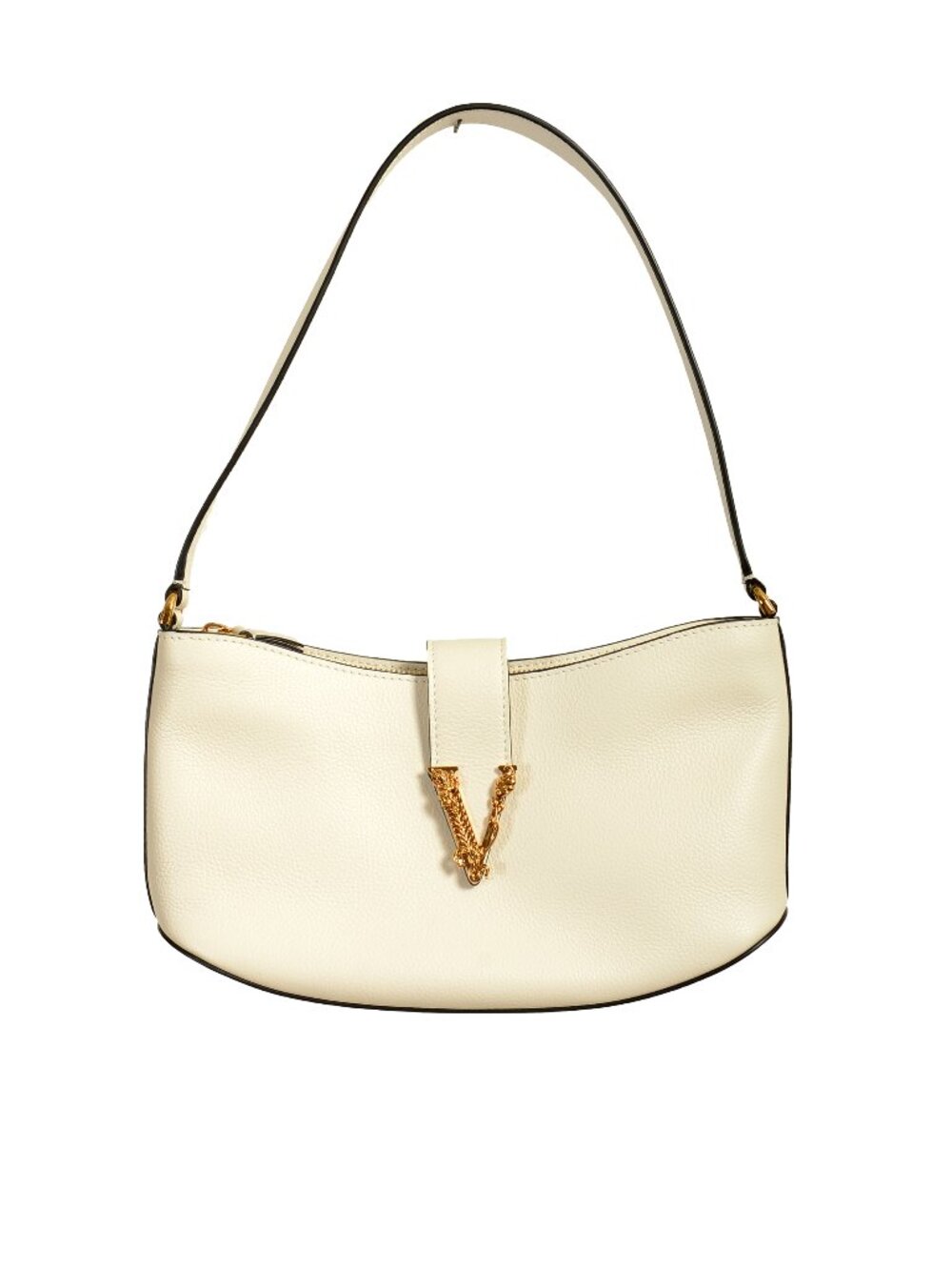 Versace White Grained Leather Gold V-Logo Small Handbag Shoulder Bag
